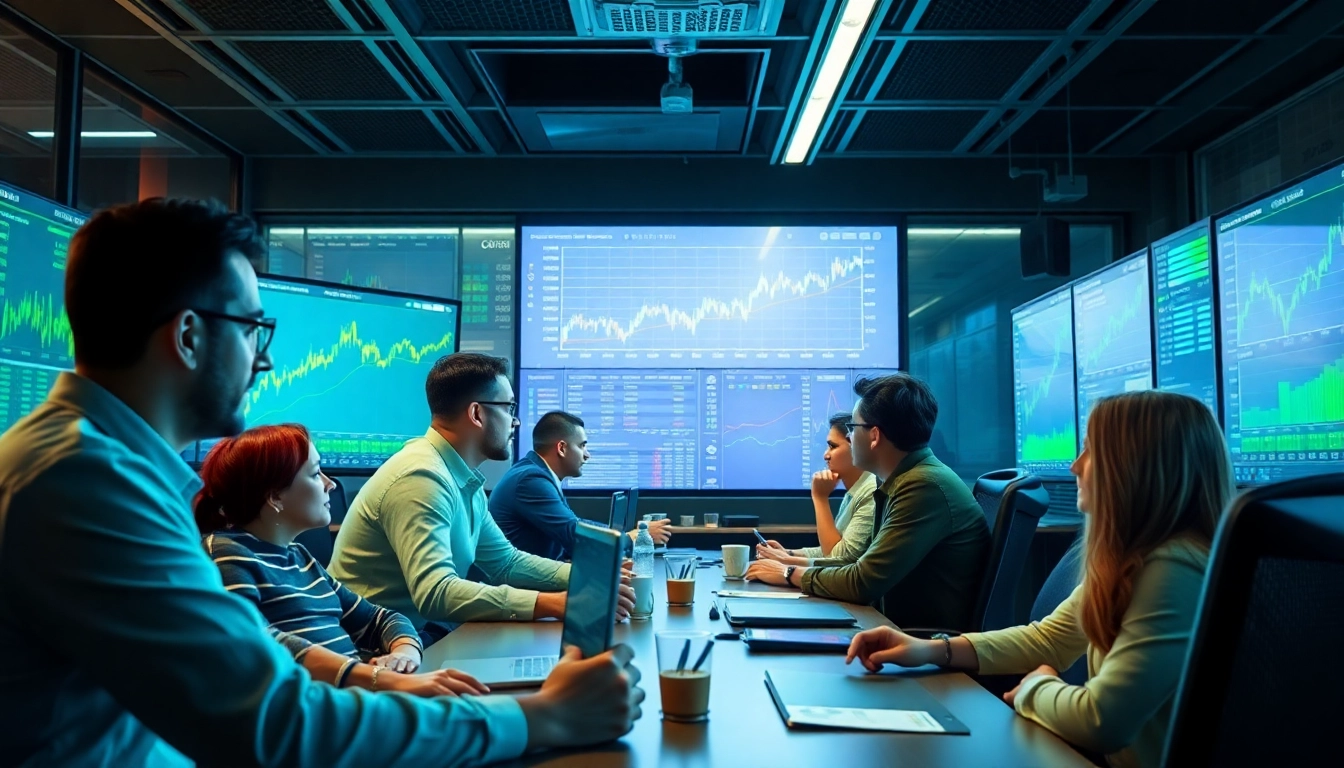 Experience the dynamic world of crypto trading as diverse traders analyze real-time data in a modern trading room.